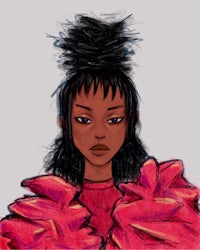 a drawing of a black woman wearing a pink jacket
