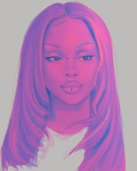 a drawing of a woman with purple hair