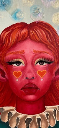 a painting of a girl with red hair and hearts on her face
