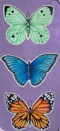 a painting of three butterflies on a purple background