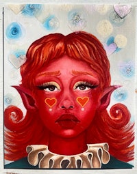 a painting of a girl with red hair and hearts on her face