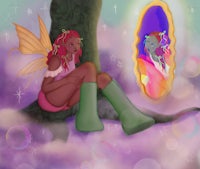 a fairy sitting on a tree with a mirror in front of her