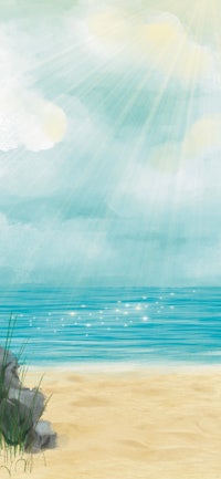 a painting of a beach scene with rocks and sand