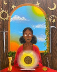 a painting of a woman holding a golden wand in front of a window