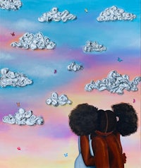 a painting of two girls hugging in front of clouds