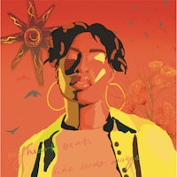 an illustration of a woman in a yellow shirt with a flower in the background