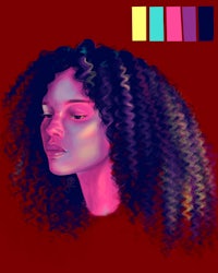 a portrait of a woman with curly hair on a red background