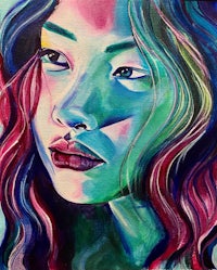a painting of a woman with colorful hair