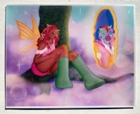 a painting of a fairy sitting on a tree