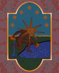 a drawing of a man with a sun in the background