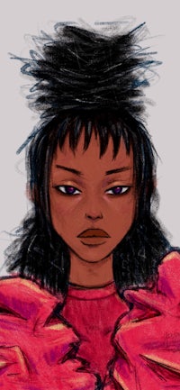 a drawing of a black woman in a pink shirt