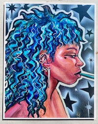 a painting of a woman with blue hair smoking a cigarette