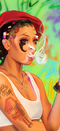 a woman is smoking a cigarette in a colorful painting