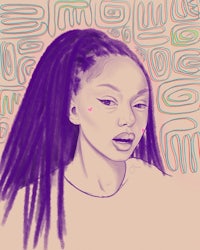 a drawing of a girl with purple dreadlocks