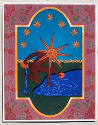 a painting of a man holding a watering can