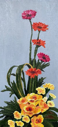 a painting of gerberas in a vase