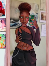 a woman is taking a selfie in front of a mirror