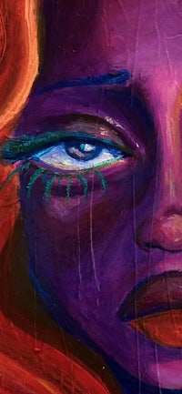 a painting of a woman with purple hair and blue eyes