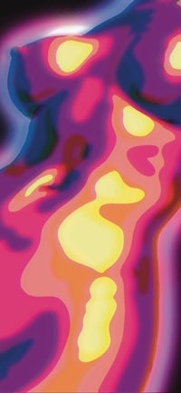 a colorful painting of a woman laying on a bed