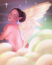 an angel sitting on clouds with wings
