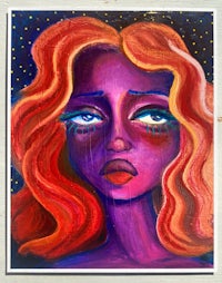 a painting of a woman with red hair and blue eyes