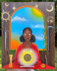 a painting of a woman with a candle in front of her