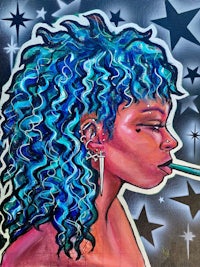 a painting of a woman with blue hair smoking a cigarette
