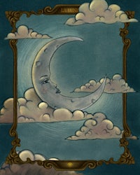 an illustration of a crescent in the sky with clouds