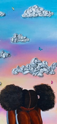a painting of a woman with afro hair and clouds in the sky