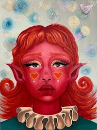 a painting of a girl with red hair and hearts on her face