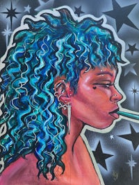 a painting of a woman with blue curly hair smoking a cigarette