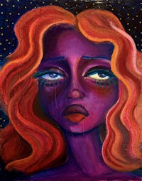a painting of a woman with red hair and blue eyes
