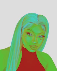 an image of a woman with green hair and a red dress