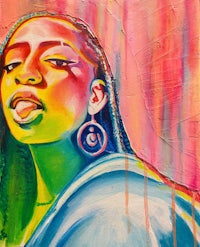 a painting of a woman with colorful earrings