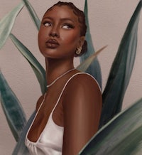 a painting of a woman in a white top and green leaves